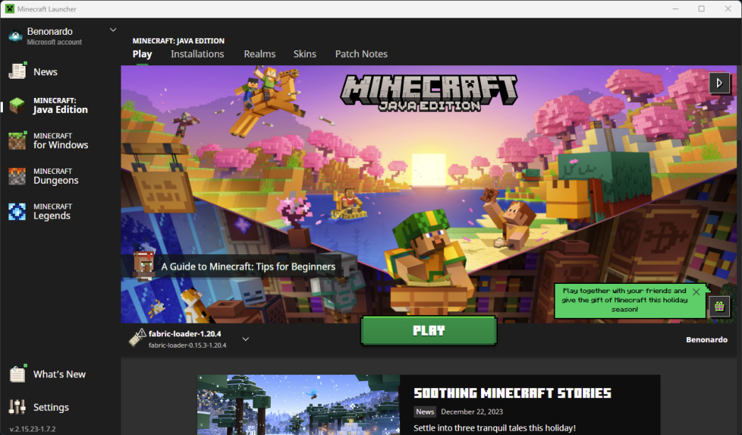 Launcher di Minecraft con il profilo Fabric selezionato.